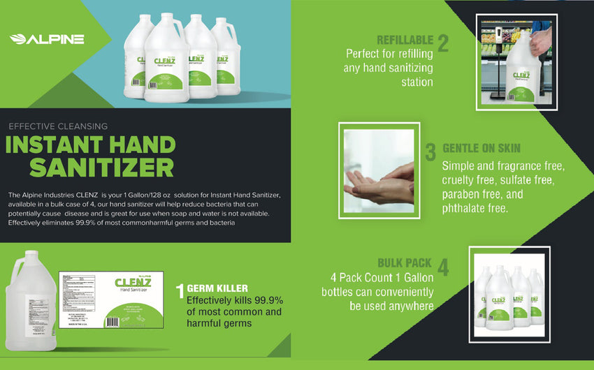 ALPINE ALPC-1 CLENZ Instant Hand Sanitizer 1 Gallon / 128oz Case